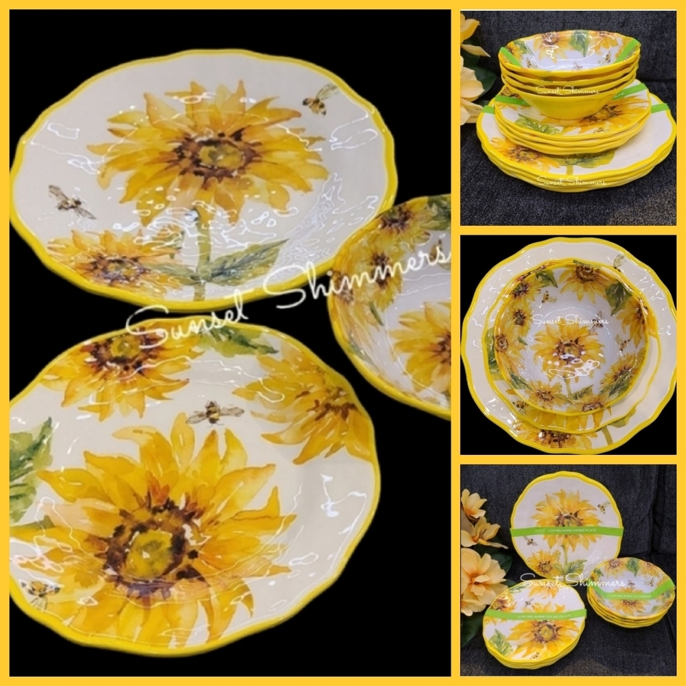 12pc Tuscan Sunflower Honey Bee Melamine Dinner Salad App Dessert Plate Set New